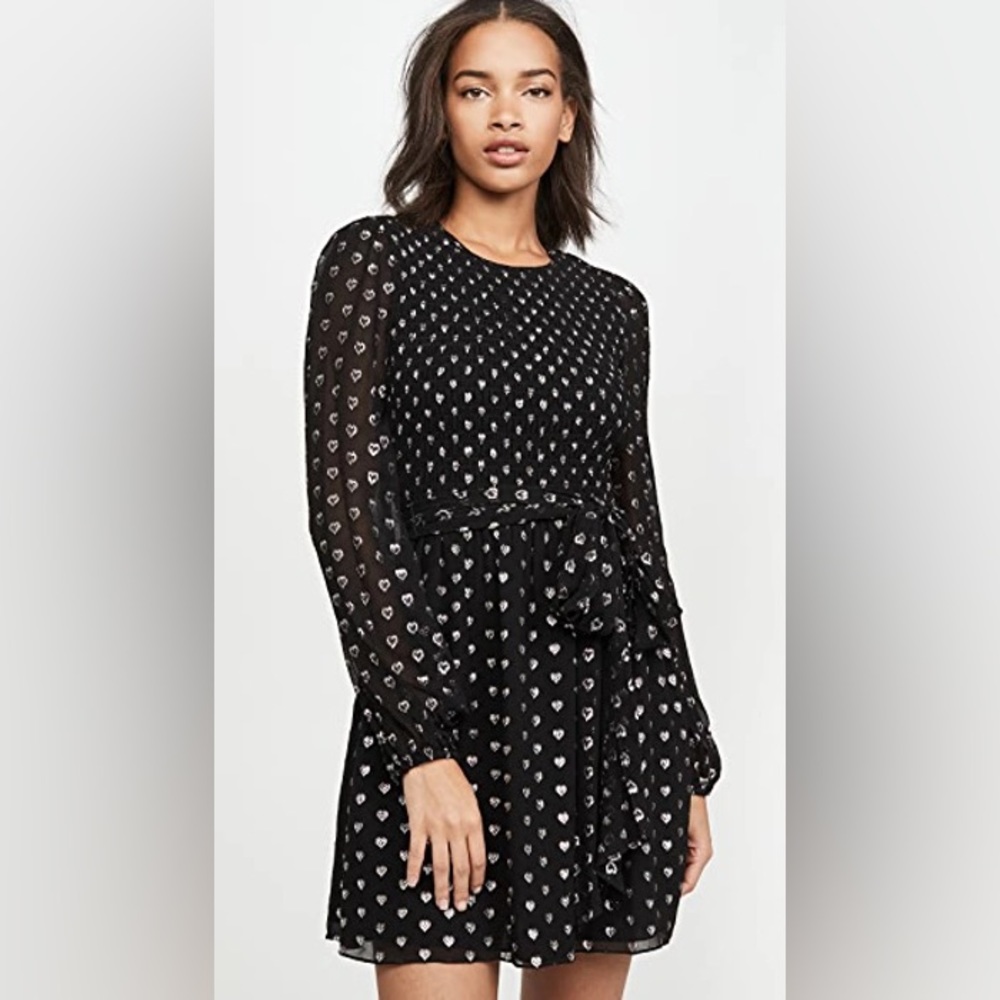 Shoshanna size 4 NWT smocked gold clip dot heart long sleeve mini dress